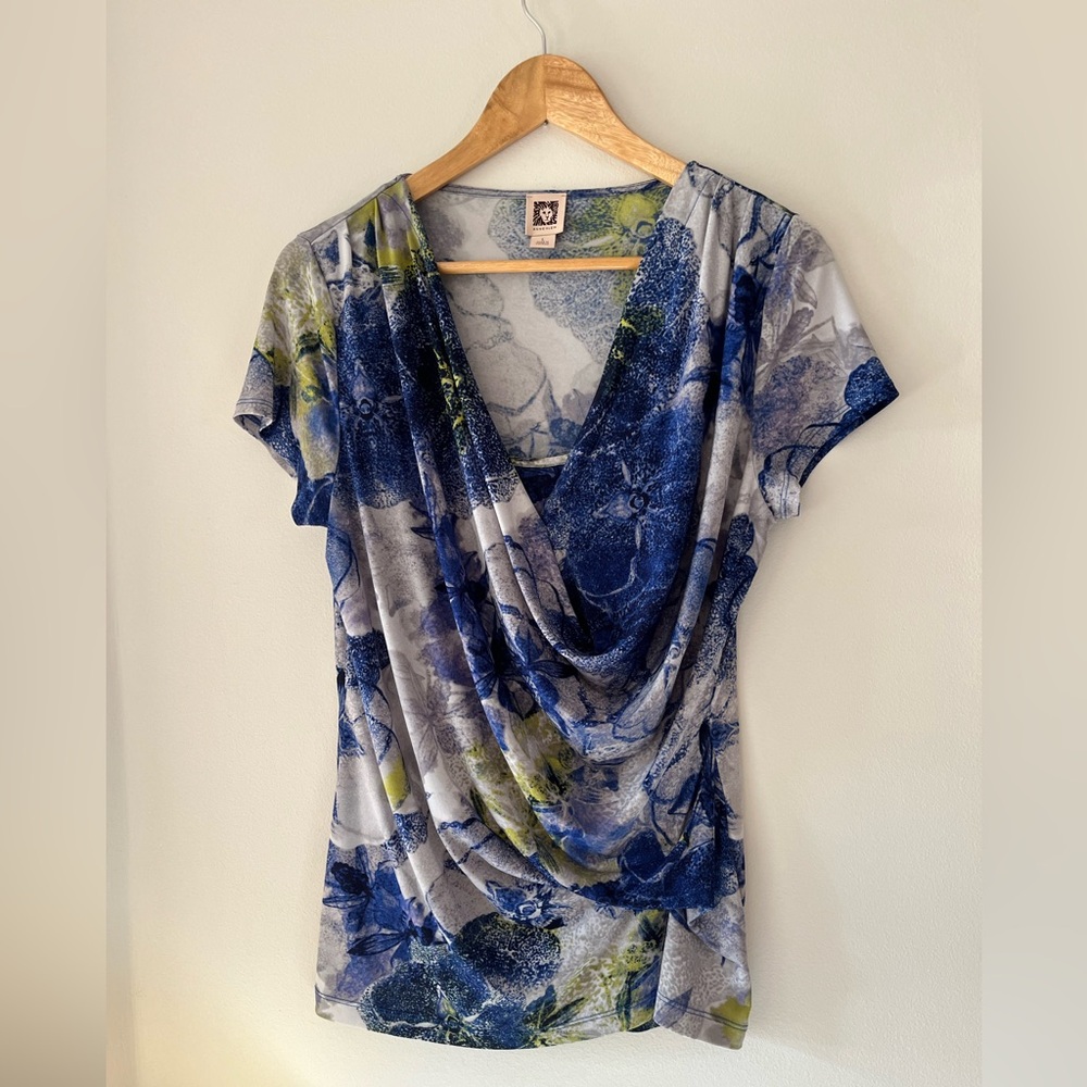 Anne Klein Floral Blue and Gray Women's Top